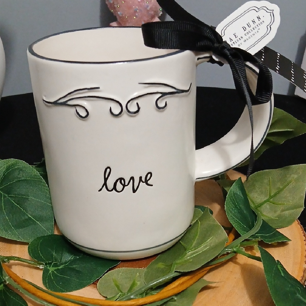 Rae Dunn White Mug with Black Script and Scroll Accents NWT